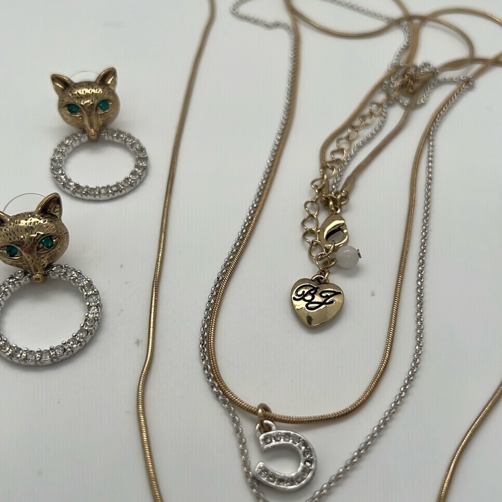 Betsy Johnson fox to trot multilayer necklace, fox horseshoe, and earrings set